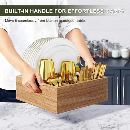 Acacia Wood Utensil Holder for Party, Paper Plate and Utensil Holder Caddy for Countertop, Kitchen Silverware Organizer Dispenser for Spoon, Napkin, Cup, Cutlery Holders for Outdoor, Camping, Picnic