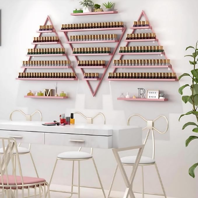 Wall-Mounted Nail Polish Rack, Set of 6 Triangular Pink Nail Polish Shelf Lipstick Perfume Cosmetic Display Shelf for Home Spa Nail Salon Shop