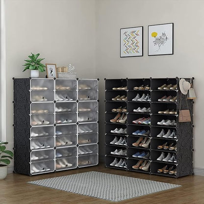 Patented Shoe Racks Organizers Shelves, Floor-Standing, Wall Hanging, Sturdy and extendable. Easy DIY Assembly, for Door Entrance, Closet, and Workplace (3x8Grid, Translucent & Black)