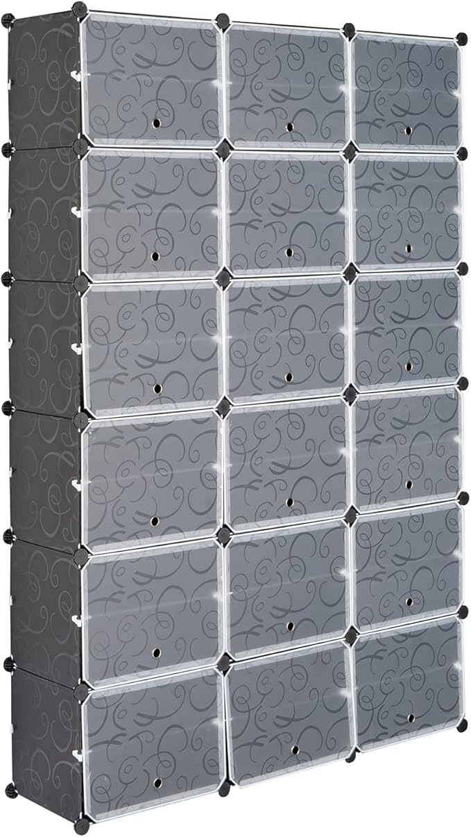 Shoe Rack Organizer, 18 Cube 12 Tier Covered Shoe Storage Cabinet 72 Pairs Freestanding DIY Shoe Shelves Plastic Shoes Rack for Closet Entryway Hallway Bedroom (Black2)