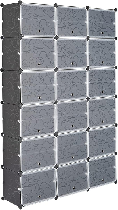 Shoe Rack Organizer, 18 Cube 12 Tier Covered Shoe Storage Cabinet 72 Pairs Freestanding DIY Shoe Shelves Plastic Shoes Rack for Closet Entryway Hallway Bedroom (Black2)