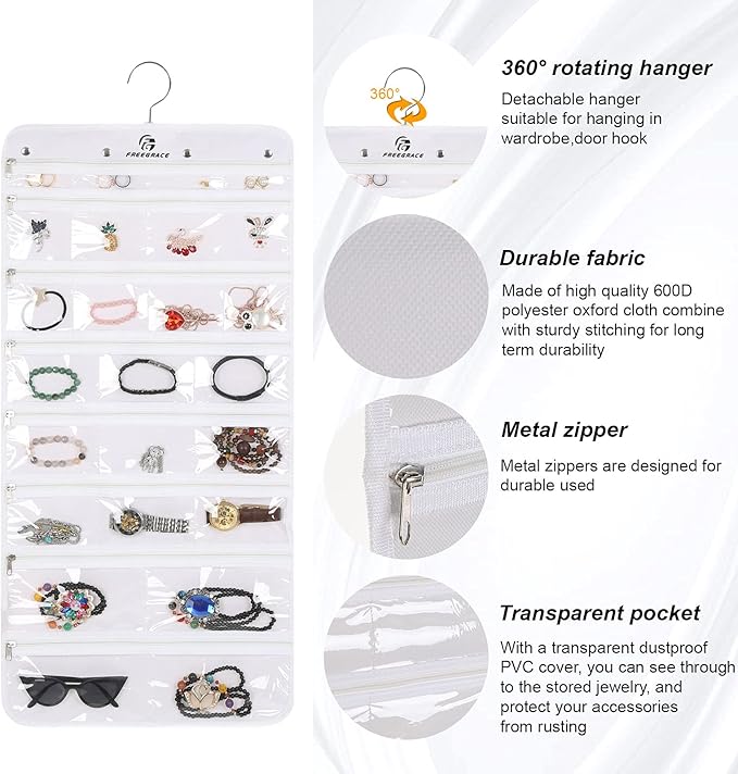Hanging Jewelry Organizer with 50 Transparent Pockets, 360° Rotating Hanger & Secure Zipper Closure - Foldable Double Sided Jewelry Storage Bag for Earrings, Rings, Necklaces, Bracelets (White)