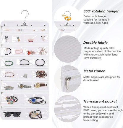 Freegrace Hanging Jewelry Organizer with Secure Zipper Closure - 360° Revolving Hanger, 25 Clear Pockets, 23 Necklace Hooks - Foldable Travel Storage & Closet Display (White)