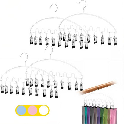 Legging Organizer for Closet,Metal Wave Design Pants Hanger with 10 Clips 7 Hooks, Closet Storage for Pants, Skirts, Hats (White, 4Pack)