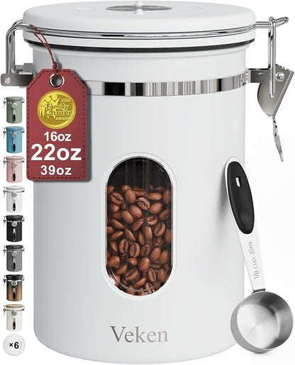 Veken Coffee Canister with Window, Airtight Stainless Steel Kitchen Food Storage Container with Lids, Date Tracker and Scoop for Grounds Coffee, Beans, Tea, Flour, Cereal, Sugar Jars, 22OZ, White