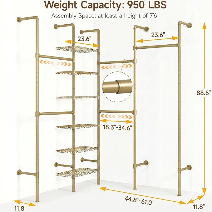 F4 Wall Mounted Closet System, Industrial Pipe Clothing Rack for Hanging Clothes, Heavy Duty Closet Organizer System, Clothes Racks with Shelves & Expandable Rod for Wardrobe, Corner, Gold