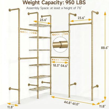 F4 Wall Mounted Closet System, Industrial Pipe Clothing Rack for Hanging Clothes, Heavy Duty Closet Organizer System, Clothes Racks with Shelves & Expandable Rod for Wardrobe, Corner, Gold