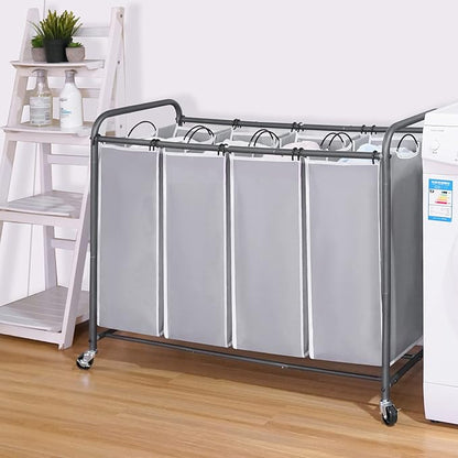 STO STO Laundry Sorter 4 Section, 4 Bag Clothes Hamper, Rolling Laundry Cart Basket with Heavy Duty Lockable Wheels and Removable Bag for Laundry Room, Bedroom, Closet, Gray