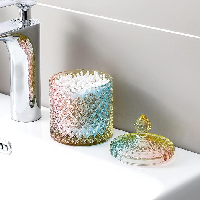 rejomiik Qtip Holder Glass Apothecary Jars with Lid Bathroom Accessories Vanity Organizers and Makeup Storage for Cotton Swabs, Makeup Sponges, Bath Salts, Canister Dispenser, 2 Pack Rainbow