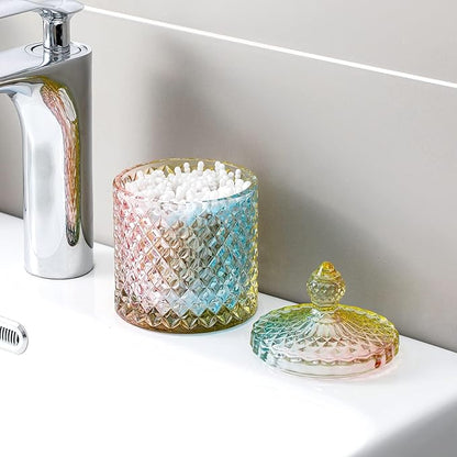 rejomiik Qtip Holder Glass Apothecary Jars with Lid Bathroom Accessories Vanity Organizers and Makeup Storage for Cotton Swabs, Makeup Sponges, Bath Salts, Canister Dispenser, 2 Pack Rainbow