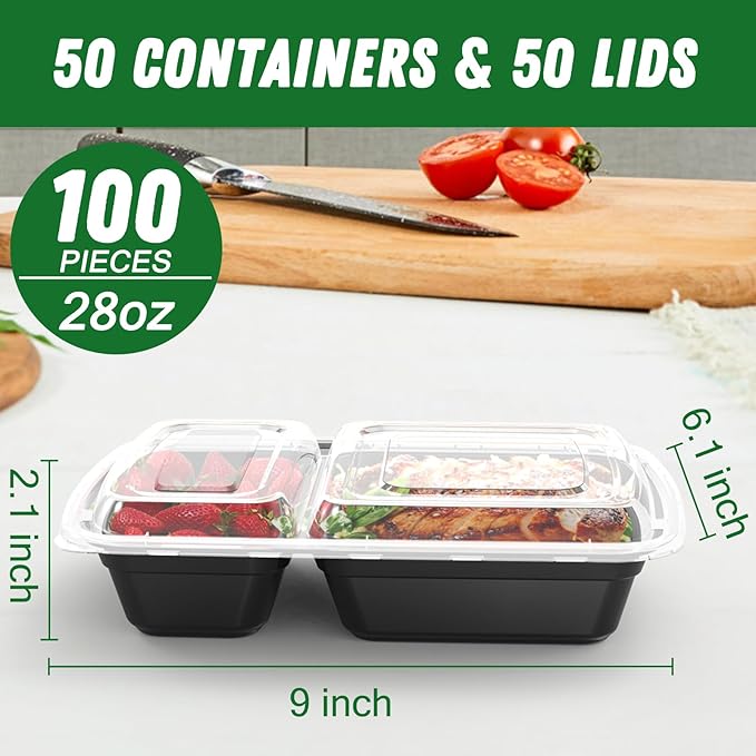 Dealusy 50 Pack (100-Piece) 28 oz Meal Prep Containers Reusable with Lids 2-Compartment, Sturdy Leakproof Food Safe, Microwave Freezer Dishwasher Safe, To Go Take Out Plastic Food Storage, Black