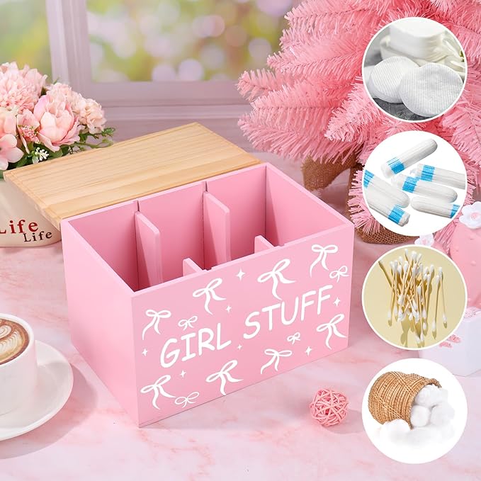 JarThenaAMCS Tampon Holder for Bathroom Pad Organize Case with Lid Coquette Pink Bow Feminine Product Tampon Storage Girl Stuff Box for Bathroom Accessories