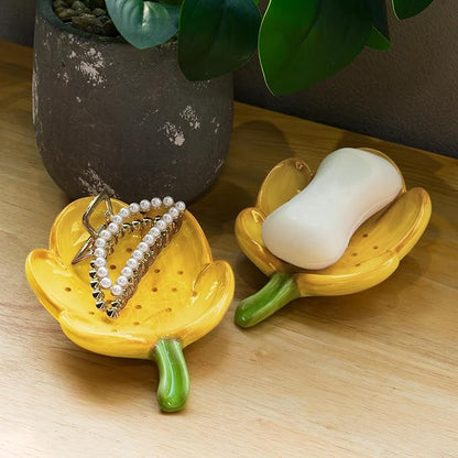 Ceramic Soap Dish Holder for Bathroom, Flower Bar Holder for Shower, Easy Cleaning Saver Tray Decoration for Bathroom, Sinks, Kitchen (Orange)