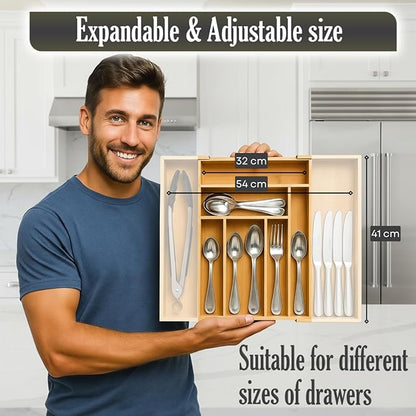 9-Slots Bamboo Drawer Organizers for Kitchen, Expandable Silverware Drawer Organizer, Multipurpose Utensil Organizer for Kitchen Drawers, Large Cutlery Drawer Organizer for Spoons, Forks & Knives