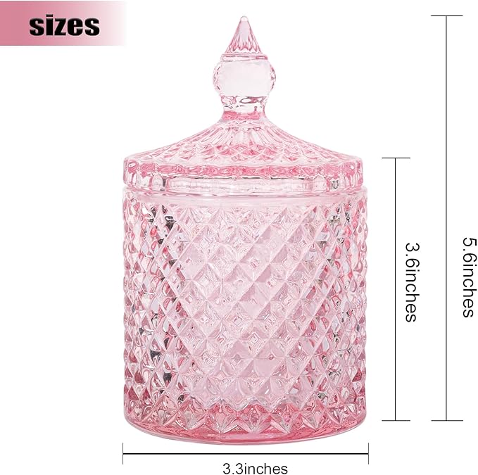 2 Pack Qtip Holder Thick Glass Apothecary Jars with Lid for Bathroom Decor Storage Organizer for Cotton Swabs, Balls, Pads, Floss Picks, Candy, Jewelry, Pink