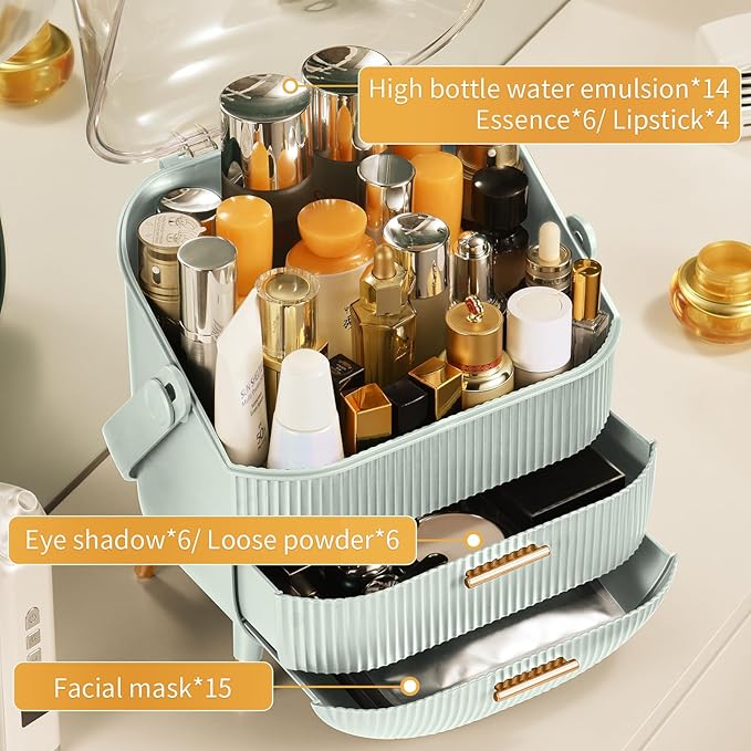 CANITORON Makeup Organizer with 2 Drawers and Brush Storage Box, Cosmetic Display Case for Vanity and Bathroom Countertop Storage (Sage Green)