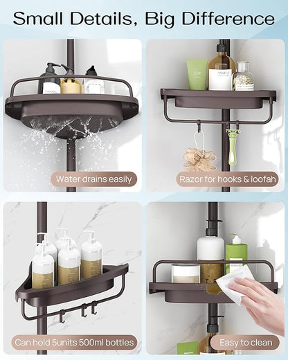 ALLZONE Corner Shower Caddy Tension Pole, Extendable Rustproof Stainless Steel Pole & 4-Tier Adjustable Shelves for Easy Drainage and Built-to-Last Stability, 34 to 116 Inches, Brown