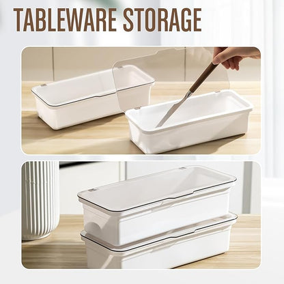 Remerry 6 Pcs Flatware Tray with Lid and Drainer, Plastic Utensil Organizer, Kitchen Cutlery Transparent Storage Box with Lid and Drain Rack, Drawer Tableware Storage Box for Home and Travel (White)