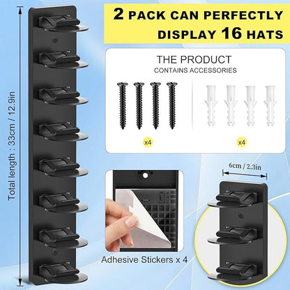 2 Pack MultiLayer Hat Organizer for Baseball Caps, Holds 16 Hats, Hat Hook for Wall, Dual Mount (Adhesive/Screws), Space Saving Cap Organizer for Walls & Doors