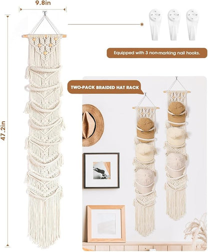AceList 2-Pack Hat Organizer for Baseball Caps (Up To Holds 32) - Boho Wall Hanging Hat Rack & Over Door Cap Holder - Handmade Cotton Woven Storage Display for Men, Women, Room Decor