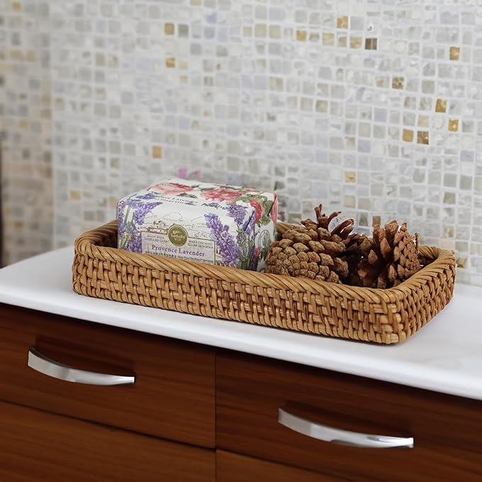 Rattan Bathroom Tray Countertop, Wicker Toilet Tank Basket, Decorative Bathroom Vanity Tray for Decor Coffee Table