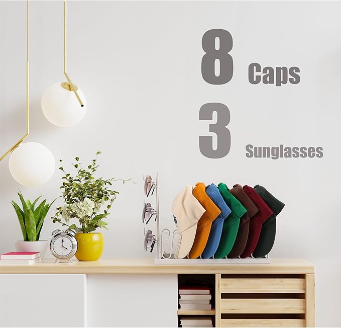 Hat Stand for Baseball Caps for 8 Hats Hat Rack Holder with sunglasses stand, Tabletop Hat Display Stand for Closet Organizers and Storage