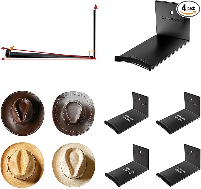 4 Inch Metal Cowboy Hat Rack for Wall – Extended Curved Silicone Grip Holder, Fits All Hat Sizes, Protects Large Brim Hats, Universal Hat Holder, Western Decor, Adhesive or Screw Mount, 4-Pack, Black