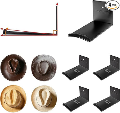 4 Inch Metal Cowboy Hat Rack for Wall – Extended Curved Silicone Grip Holder, Fits All Hat Sizes, Protects Large Brim Hats, Universal Hat Holder, Western Decor, Adhesive or Screw Mount, 4-Pack, Black