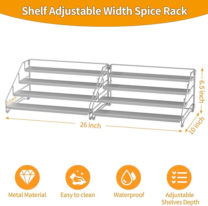 BOIVSHI 4 Tier Spice Rack Organizer for Cabinet, Spice Rack Organizer, Depth Adjustable Spice Organizer for Cabinet, Countertop, Cupboard, Pantry, Seasoning Shelf, Metal, Gray (2 Pack)