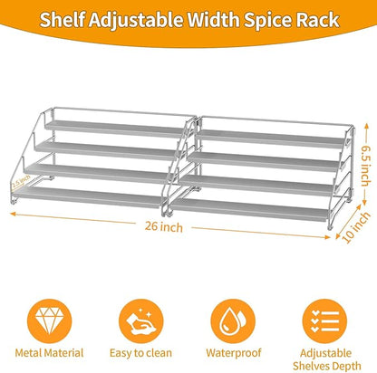 BOIVSHI 4 Tier Spice Rack Organizer for Cabinet, Spice Rack Organizer, Depth Adjustable Spice Organizer for Cabinet, Countertop, Cupboard, Pantry, Seasoning Shelf, Metal, Gray (2 Pack)