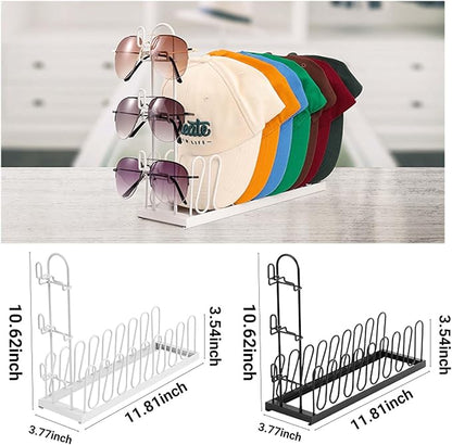 2-In-1 Glasses Hat Organizer for Baseball Caps, Carbon steel Hat Organizer with 3 Eyeglasses, Hat Rack Holds 8 Caps,Space-Saving for Bedroom, Closet, Dresser (White)