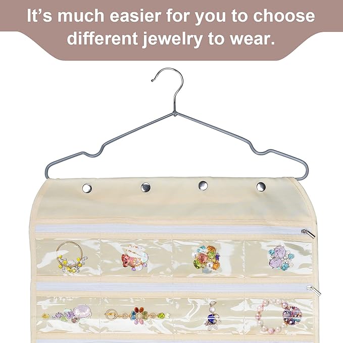 Luney Hanging Jewelry Organizer with Zippers, 56 Pockets Earring Holder Organizer with Pockets for Woman, for Hanging Earrings, Necklaces, Bracelets, Rings, Storage, Closet (Beige)