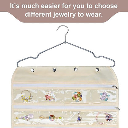 Luney Hanging Jewelry Organizer with Zippers, 56 Pockets Earring Holder Organizer with Pockets for Woman, for Hanging Earrings, Necklaces, Bracelets, Rings, Storage, Closet (Beige)