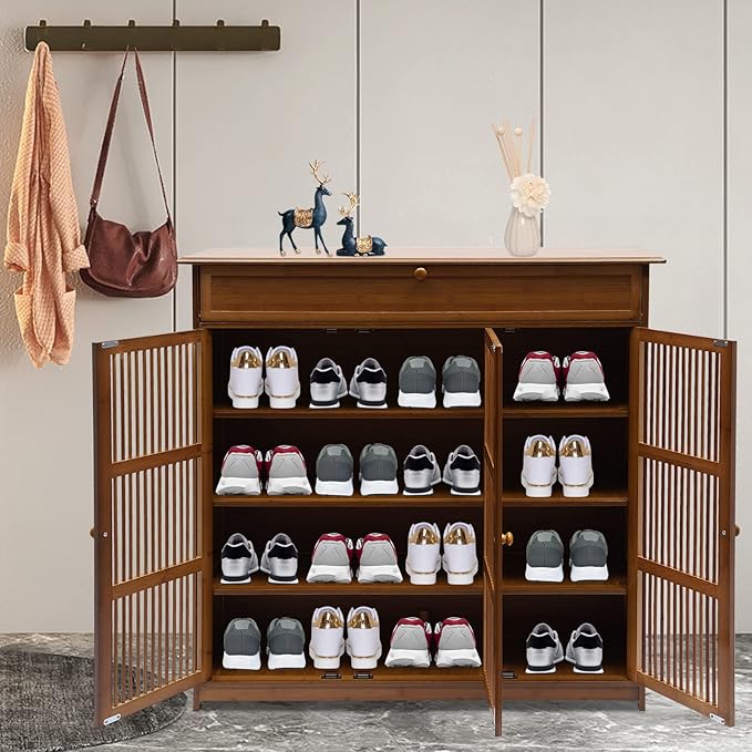 4-Tier Free Standing Shoe Rack with 3 Doors, 25 Pairs Shoe Storage Cabinet Shoe Rack Organizer for Entryway (Brown)
