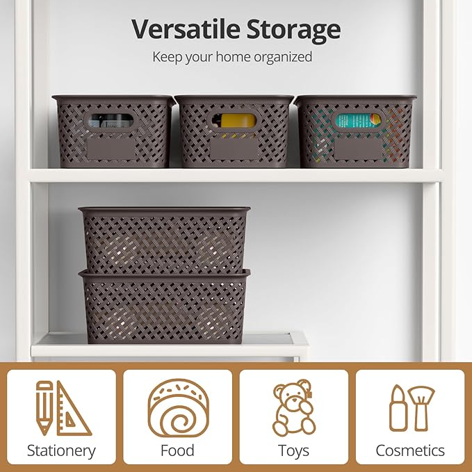 Plastic Storage Bins with Lid, Stackable Small Box Basket for Organizing and Containers for Shelves Drawers Desktop Closet Playroom Pantry Classroom Office Home, 8-pack 10.2x7.2x4.1 Inch, Brown