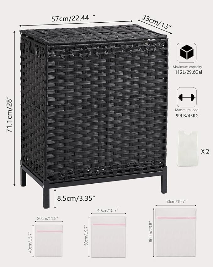 SETVSON Laundry Hamper with Lid, 112 L Handwoven Rattan Wicker Laundry Basket, 2 Removable Liner Bags Metal Heightened Feet, 6 Mesh Bags, 2 Section Large Clothes Hamper for Bathroom Bedroom, Black