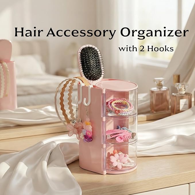 Hair Accessories Organizer with 2 Hooks,3-Layer Rotatable Hair Tie Organizer With Hair Brush Holder,Vanity Organizers For Girls (Pink)