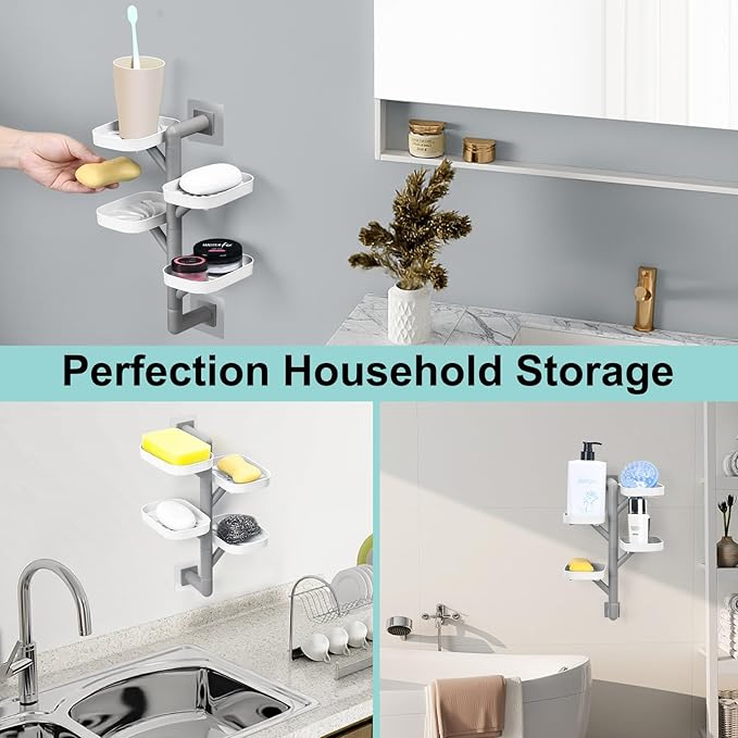 Soap Holder Four Layer Wall Mounted NO-Drilling Rotatable Self-draining Removable Soap Dish for Shower Bathroom Tray,Self Draining Sponge Holder,Razor Holder (White/Gray)