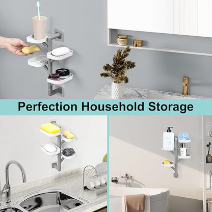 Soap Holder Four Layer Wall Mounted NO-Drilling Rotatable Self-draining Removable Soap Dish for Shower Bathroom Tray,Self Draining Sponge Holder,Razor Holder (White/Gray)
