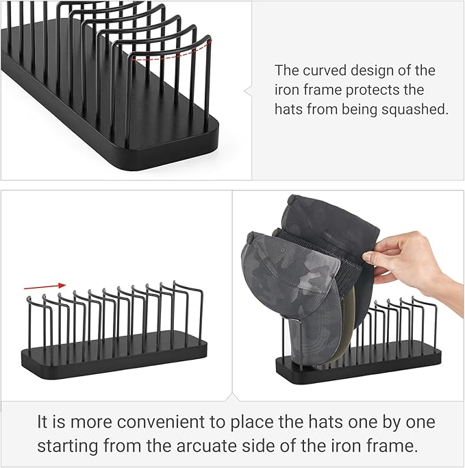 Mkono Hat Organizer for Baseball Caps, Hat Holder for 10 Baseball Caps, Tabletop Hat Rack Stand Hat Storage Display Cap Organizer for Desk Closet Shelf Dresser (Black, Small)