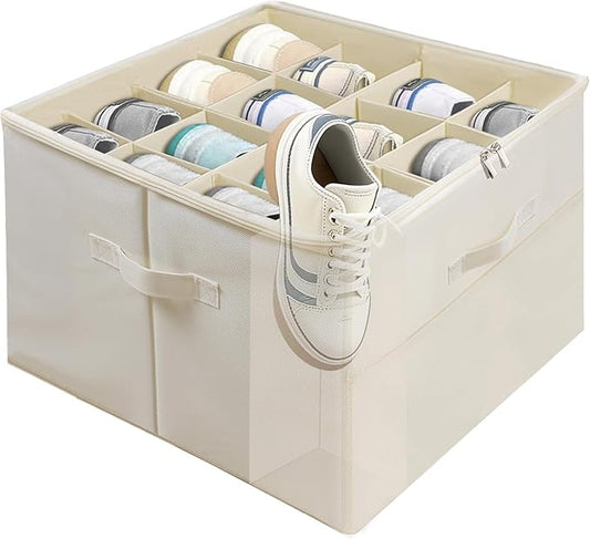 Shoe Organizer for Closet, Foldable Shoe Storage Containers with Clear Cover, Reinforced Handles Fits 8-16 Pairs, Space Saving Stackable Design for Sneakers Sandals Slippers (White)