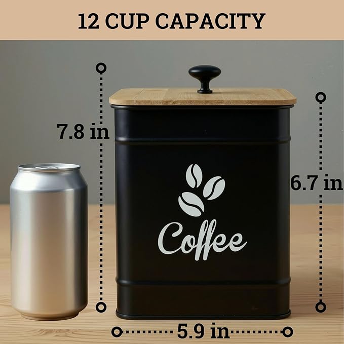 Airtight Coffee Canister - 40 oz Large Iron Black Coffee Container Airtight - 6 x 8 inch Metal Jar - Stylish Countertop Container for Coffee Grounds, Beans, Pods & More with Rubber-Lined Bamboo Lid