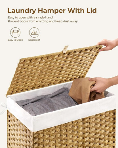 Greenstell Laundry Hamper with Lid, 125L Laundry Basket with 2 Removable Liner Bags & 2 Mesh Bags, Handwoven Synthetic Rattan Clothes Hamper for Clothes, Toys in Bathroom, Bedroom, Foldable, Natural