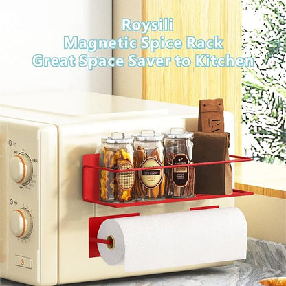 Magnetic Spice Rack For Refrigerator, Space Saving Magnetic Shelf For Fridge Red 2 Pack With Magnetic Paper Towel Holder