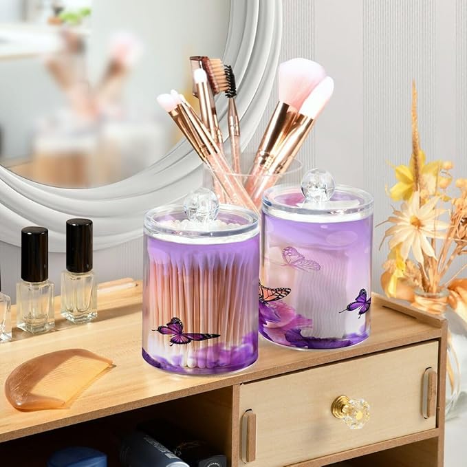 Purple Butterfly Qtip Holder 2 Pack, 14 oz Apothecary Jars Bathroom Vanity Organizer Canister for Qtips,Cotton Swabs,Cotton Balls,Cosmetic Pads,Flossers,Bath Salts