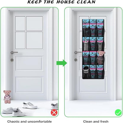 Over the Door Shoe Organizer 12 Large Pockets Hanging Shoe Organizer for Closet Sturdy Oxford Fabric Shoe Hanger Tropical Coconut Palm