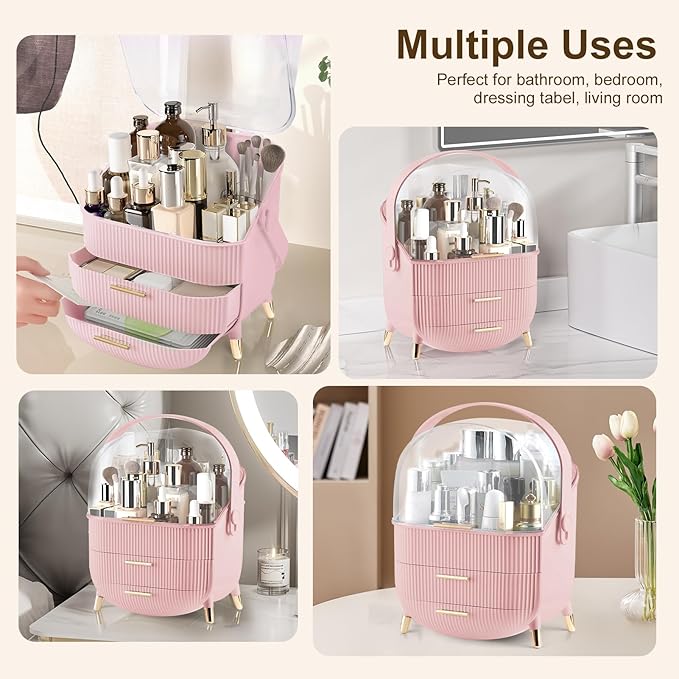 Makeup Organizer for Vanity, Large Capacity Skincare Cosmetic Organizer Countertop with 2 Drawers, Cosmetic Display Cases Makeup Storage Box for Bedroom, Bathroom, Ideal Gifts for Women(Pink)