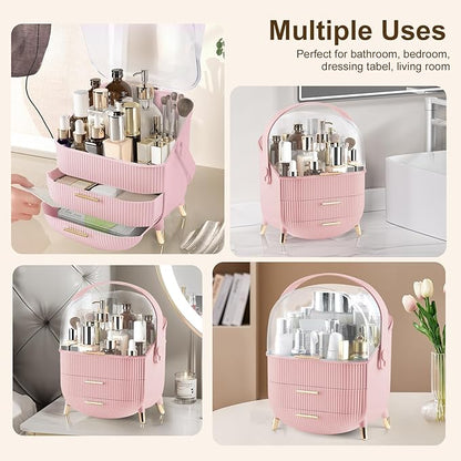 Makeup Organizer for Vanity, Large Capacity Skincare Cosmetic Organizer Countertop with 2 Drawers, Cosmetic Display Cases Makeup Storage Box for Bedroom, Bathroom, Ideal Gifts for Women(Pink)