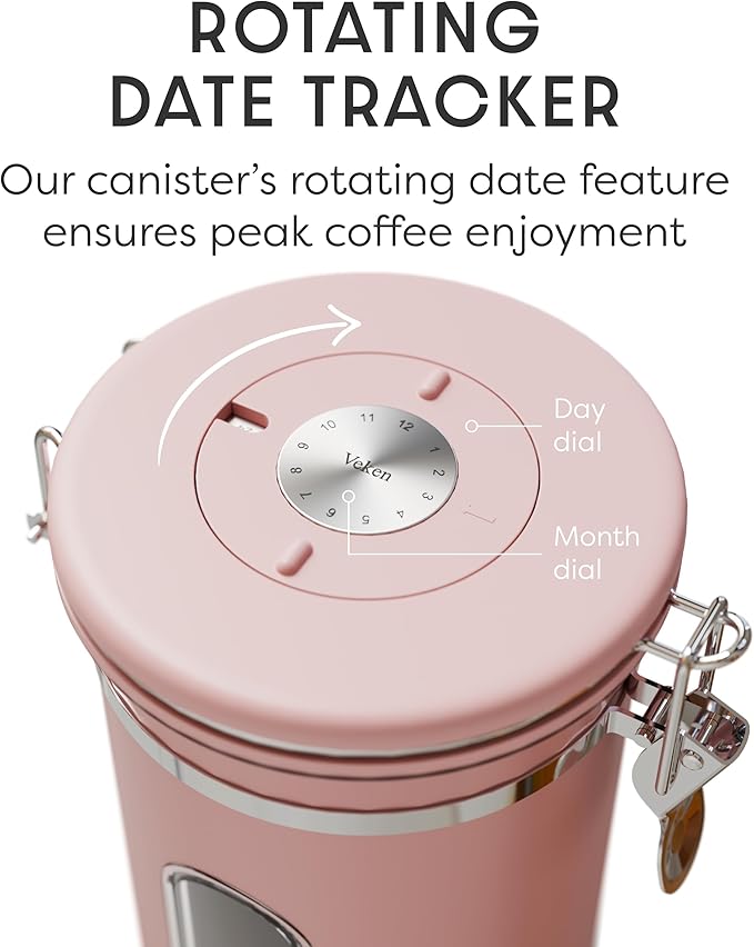 Veken Coffee Canister with Window, Airtight Stainless Steel Kitchen Food Storage Container with Lids, Date Tracker and Scoop for Grounds Coffee, Beans, Tea, Flour, Cereal, Sugar Jars, 22OZ, Pink