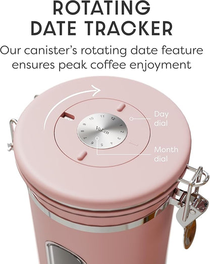 Veken Coffee Canister with Window, Airtight Stainless Steel Kitchen Food Storage Container with Lids, Date Tracker and Scoop for Grounds Coffee, Beans, Tea, Flour, Cereal, Sugar Jars, 22OZ, Pink